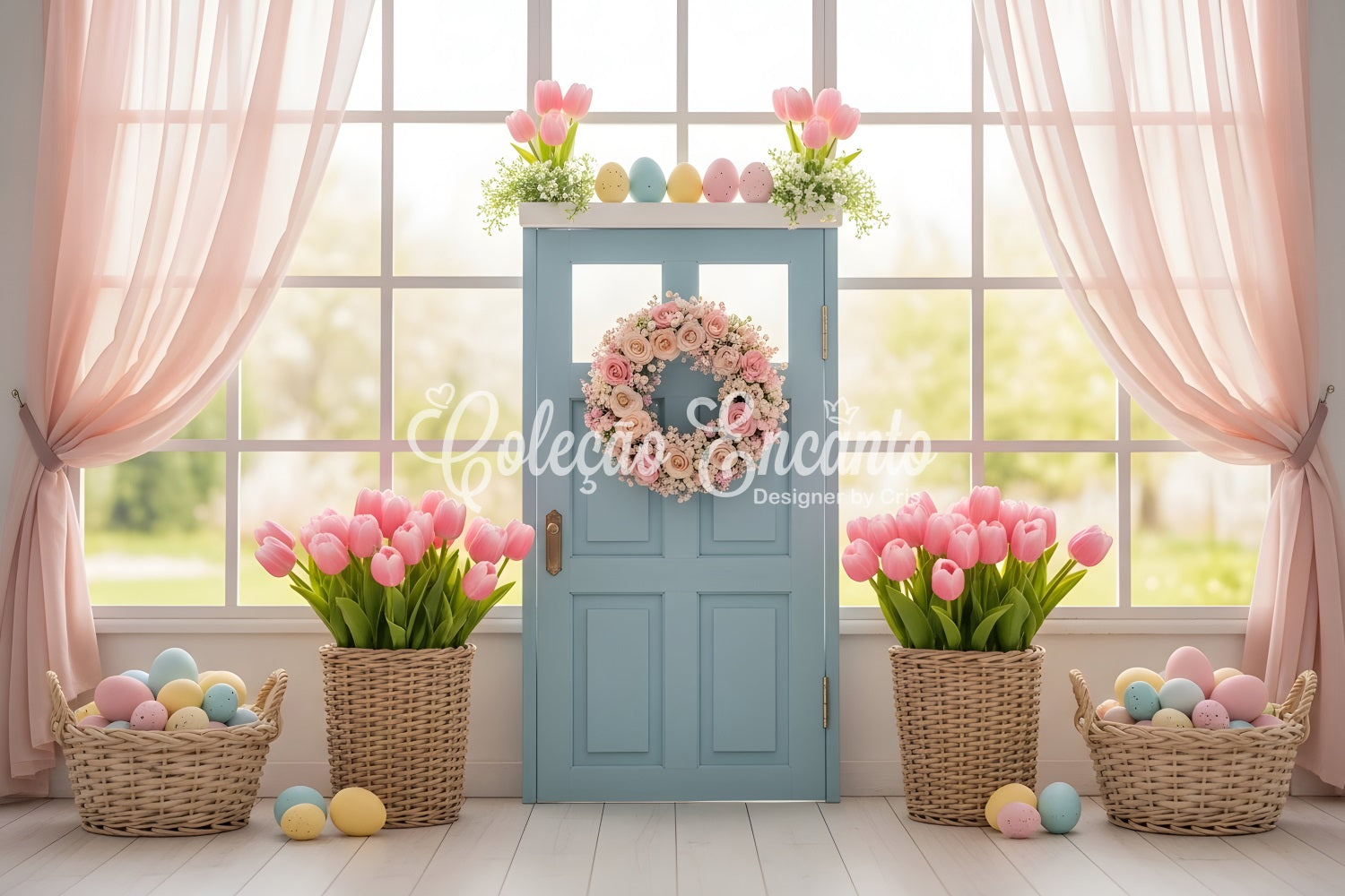 Easter Window Spring Light Backdrop Blue Door Tulip Egg Baskets Easter Backdrop Photos UK By Magali