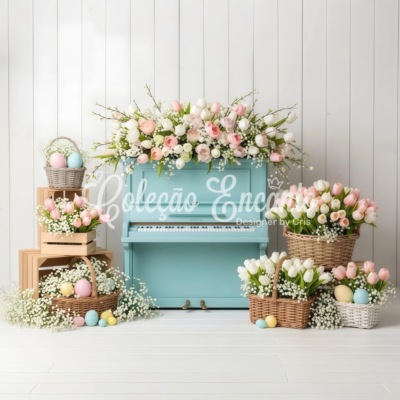 Easter Tulip Backdrop Blue Piano Egg Baskets Easter Photo Booth Backdrop Ideas UK By Magali