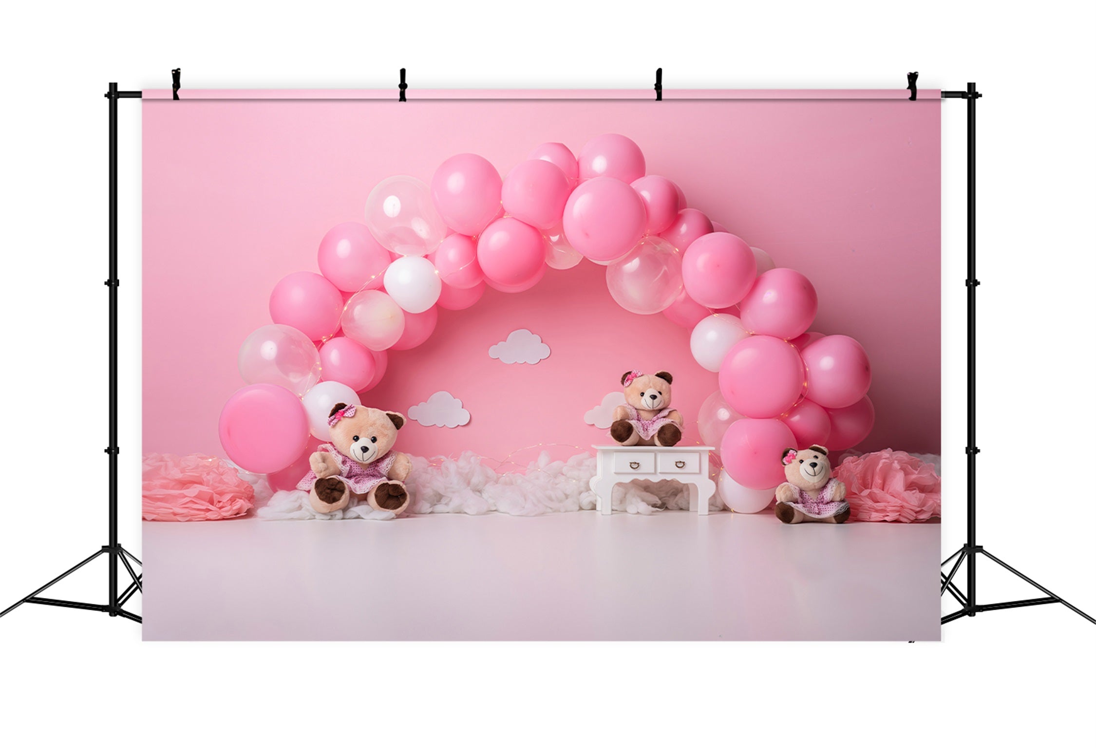 Newborn Backdrop Pink Balloon Arch Teddy Trio Childrens Photo Backdrops UK By Magali