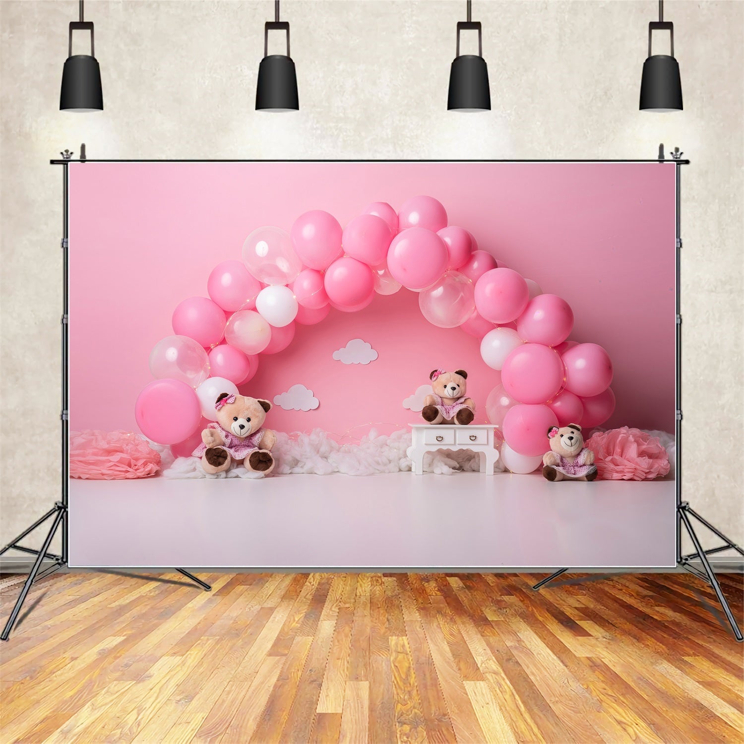 Newborn Backdrop Pink Balloon Arch Teddy Trio Childrens Photo Backdrops UK By Magali