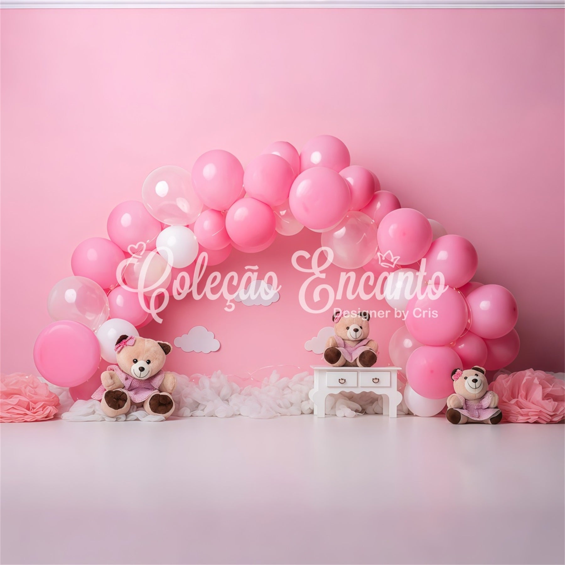 Newborn Backdrop Pink Balloon Arch Teddy Trio Childrens Photo Backdrops UK By Magali
