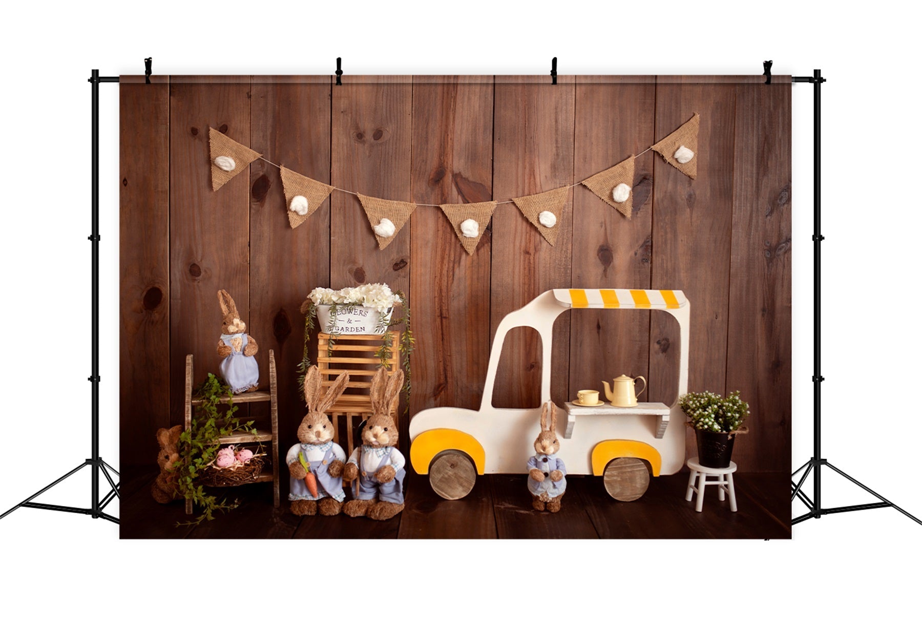 Children Backdrops Wooden Bunny Ice Cream Cart Easter Photo Backdrop UK By Magali