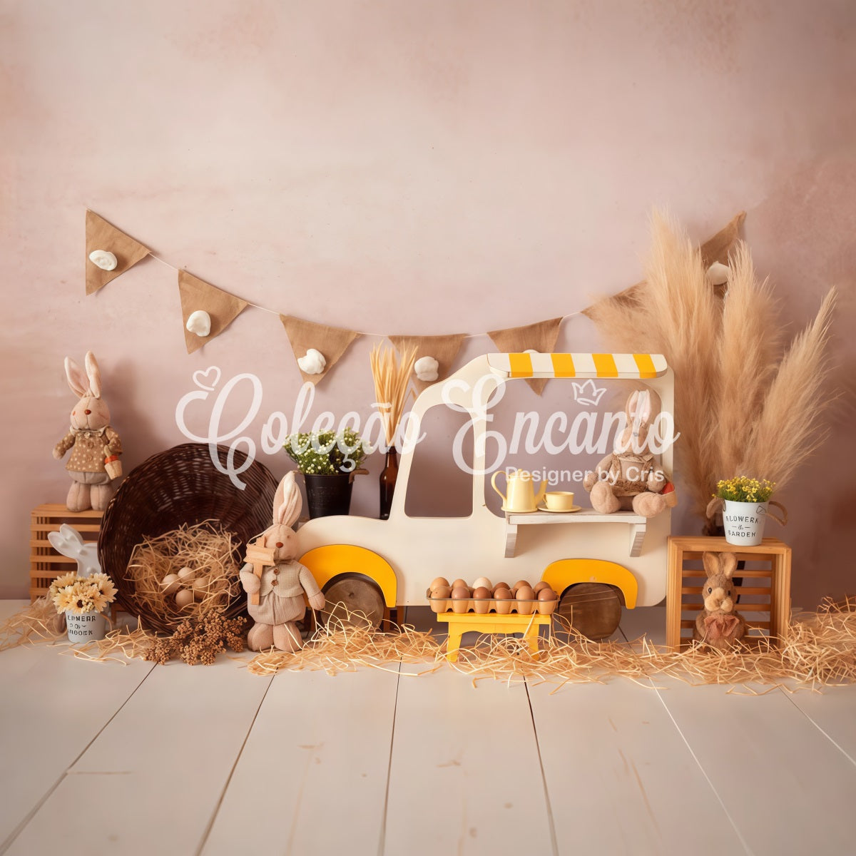 Children's Backdrop Rustic Bunny Market Cart Display Easter Backdrops UK By Magali