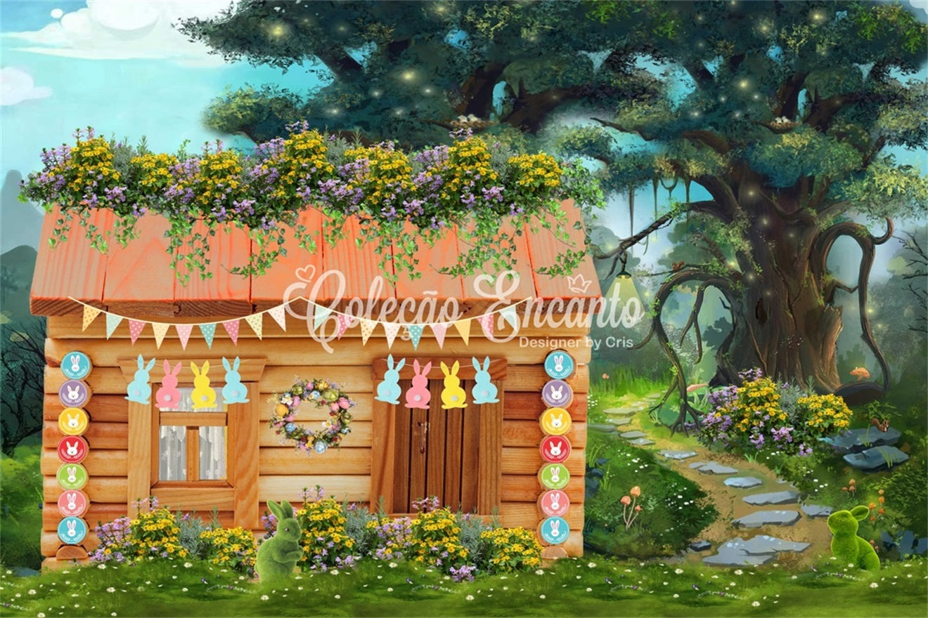 Kids Backdrop Pastel Bunny Garden Woodland Cottage Easter Photo Backdrop UK By Magali