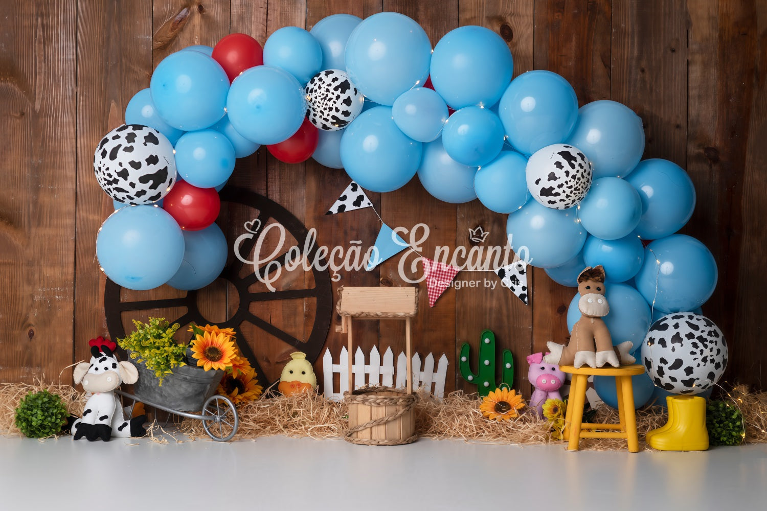 Children's Backdrops Blue Cow Print Farm Balloon Arch Cowboy Backdrop UK By Magali