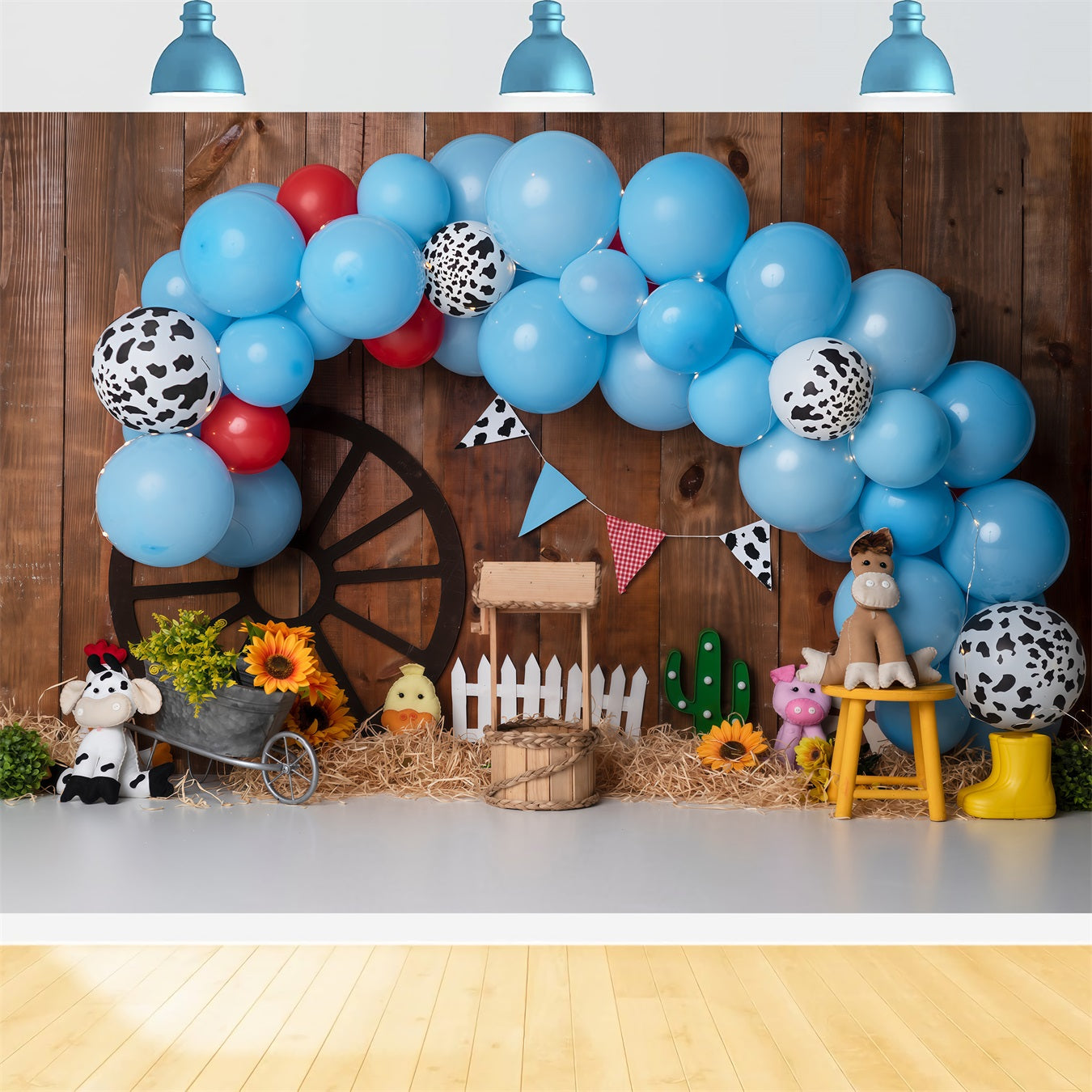 Children's Backdrops Blue Cow Print Farm Balloon Arch Cowboy Backdrop UK By Magali