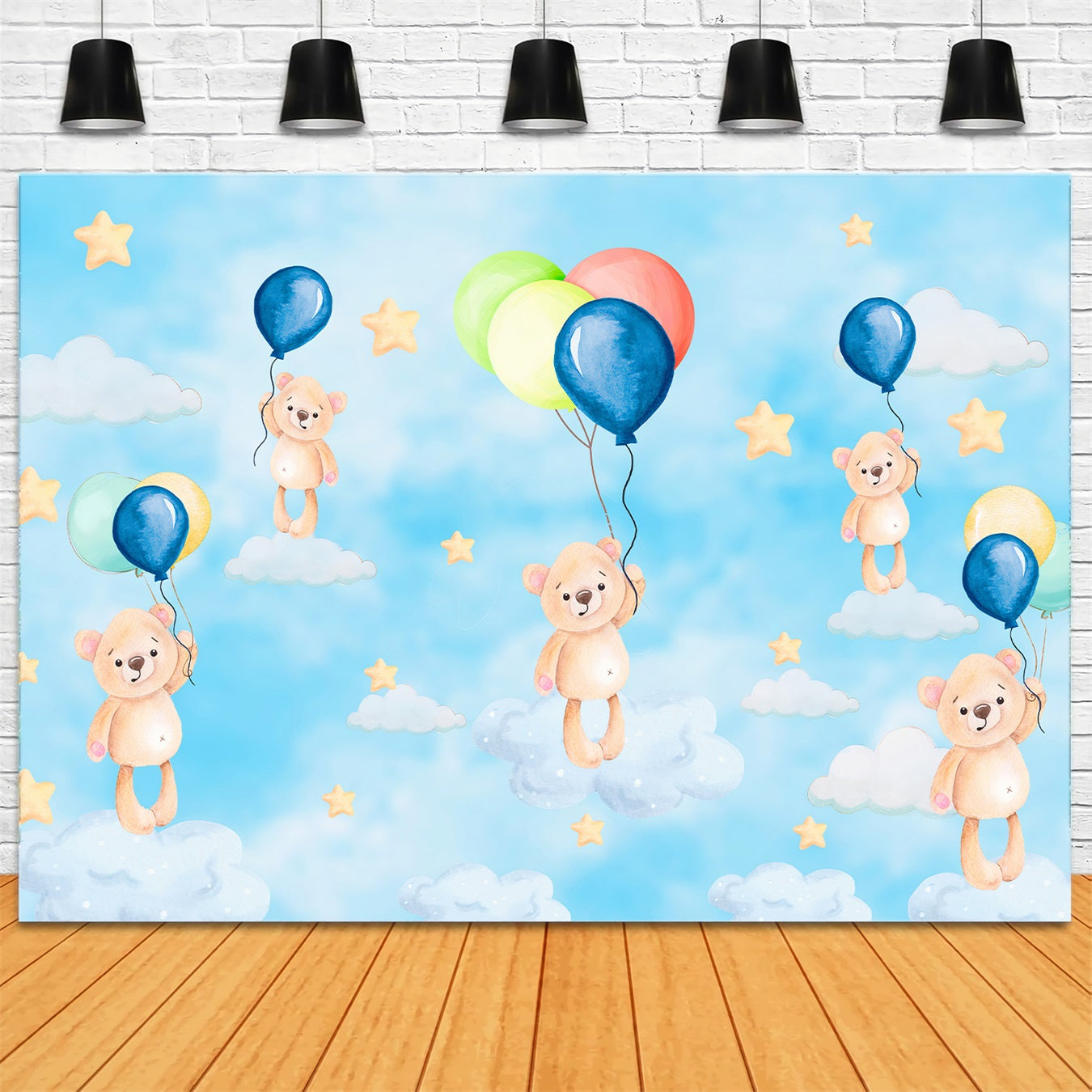 Kids Photo Backdrop Floating Teddy Balloon Sky Dream Stars Backdrop UK By Magali