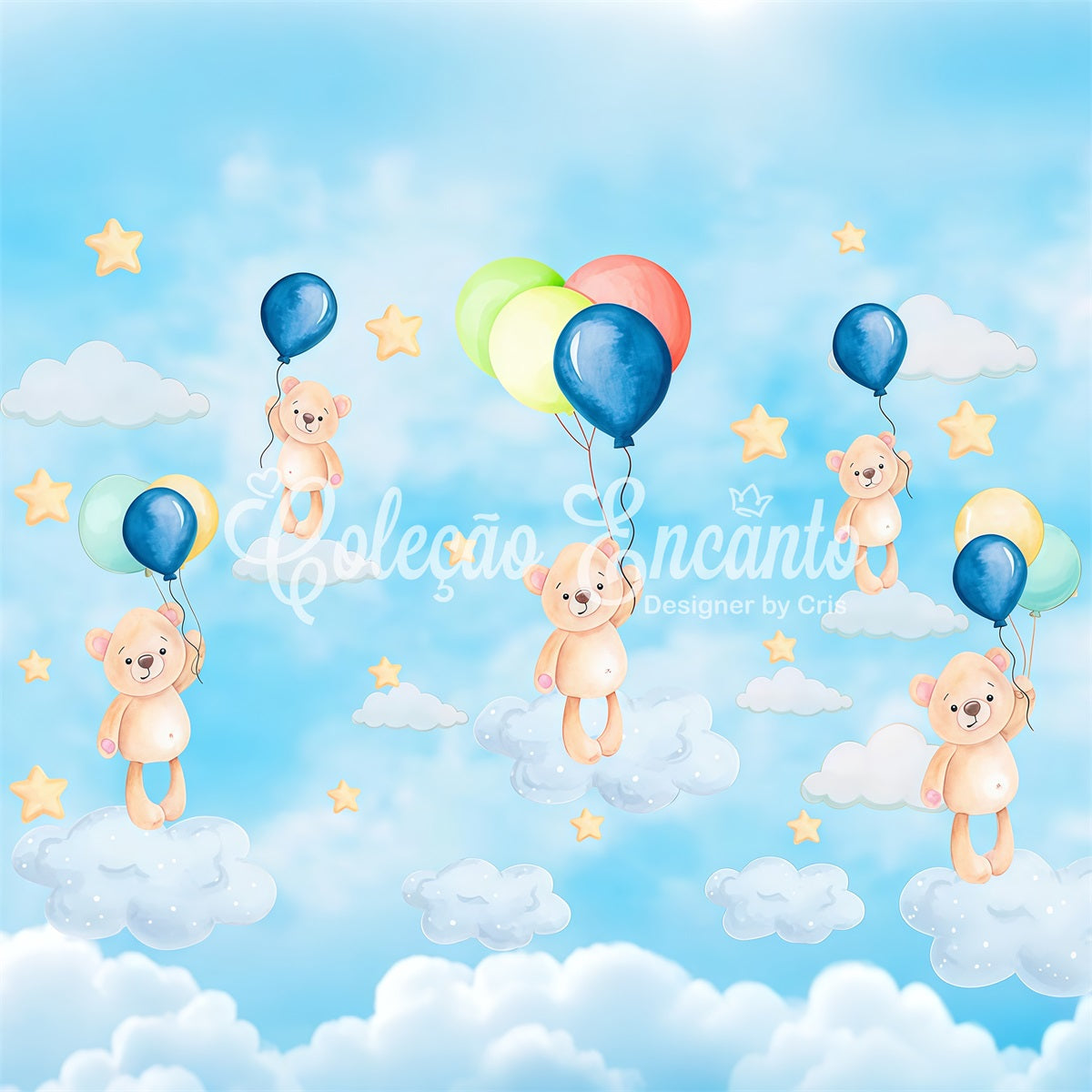Kids Photo Backdrop Floating Teddy Balloon Sky Dream Stars Backdrop UK By Magali