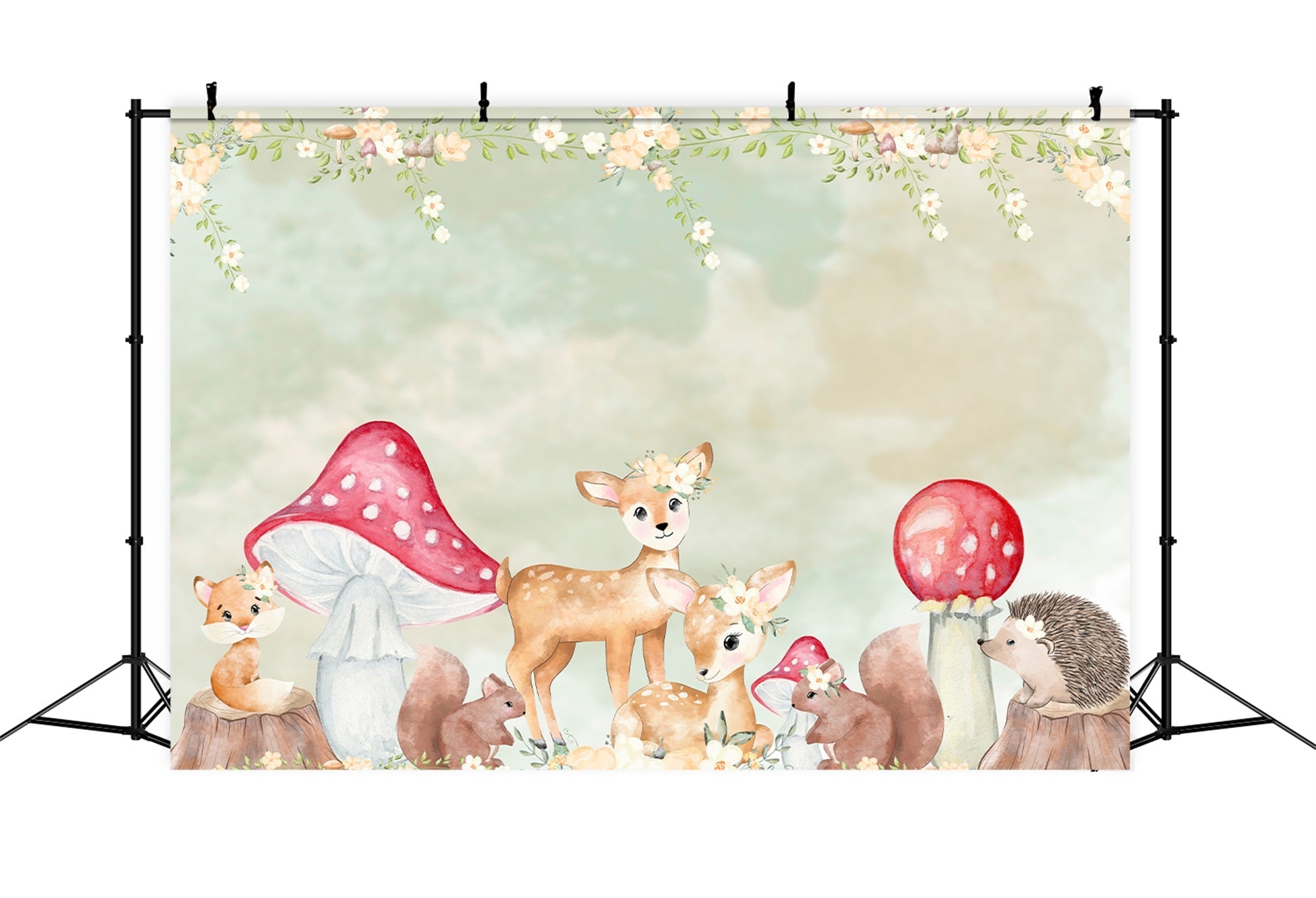 Kids Photography Backdrop Woodland Fawn Mushroom Floral Border Children Backdrop UK By Magali