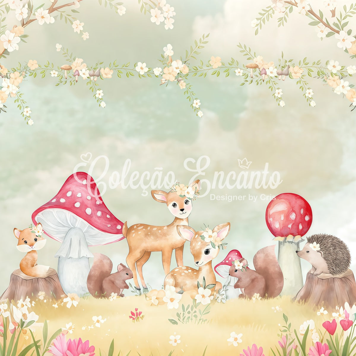 Kids Photography Backdrop Woodland Fawn Mushroom Floral Border Children Backdrop UK By Magali