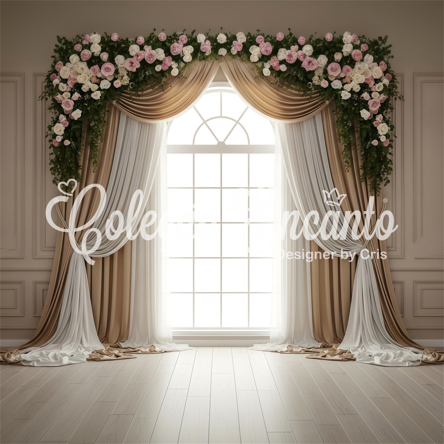 Mother's Day Backdrop Champagne Window Drapes Floral Swag Mother's Day Photo Booth Backdrops UK By Magali