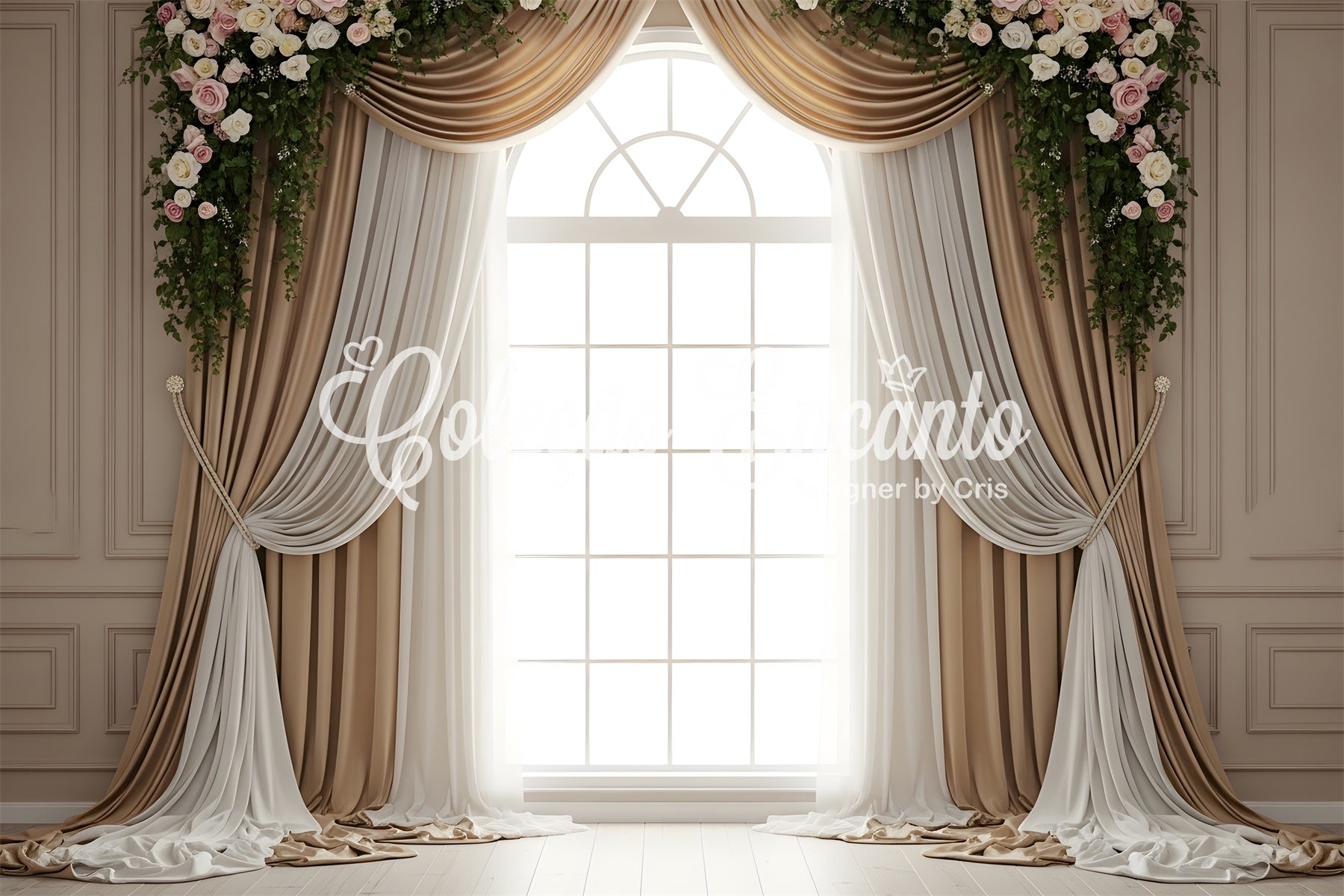Mother's Day Backdrop Champagne Window Drapes Floral Swag Mother's Day Photo Booth Backdrops UK By Magali