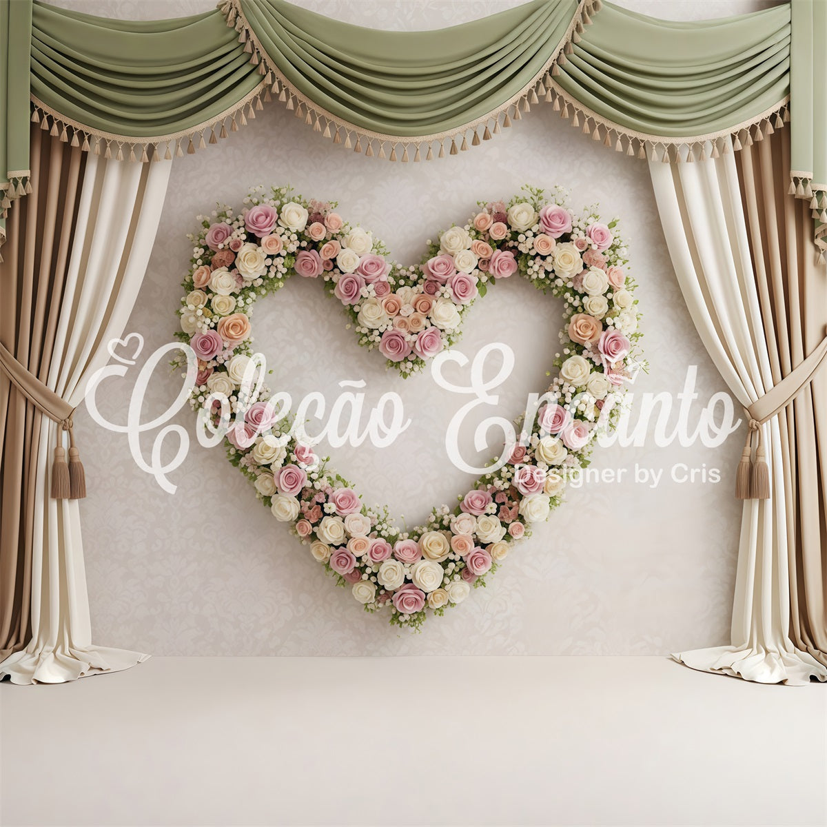 Photo Backdrop For Mothers Day Sage Curtain Heart Rose Wreath Mother's Day Backdrop Design UK By Magali