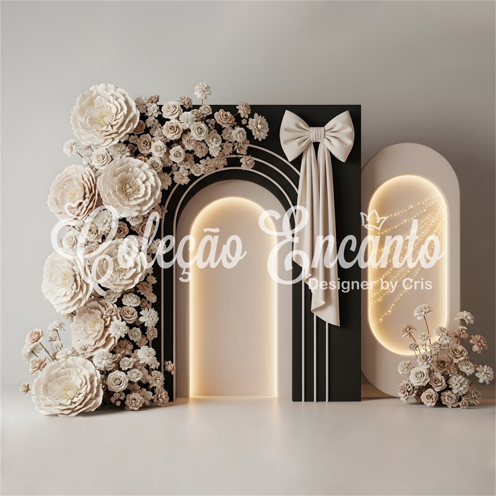 Mother's Day Backdrop Design Ivory Bow Arch Floral Glow Photo Backdrop For Mothers Day UK By Magali