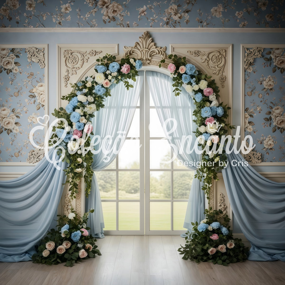 Mother's Day Photography Backdrops Blue Blossom Window Arch Drapes Mothers Day Backdrop Ideas UK By Magali