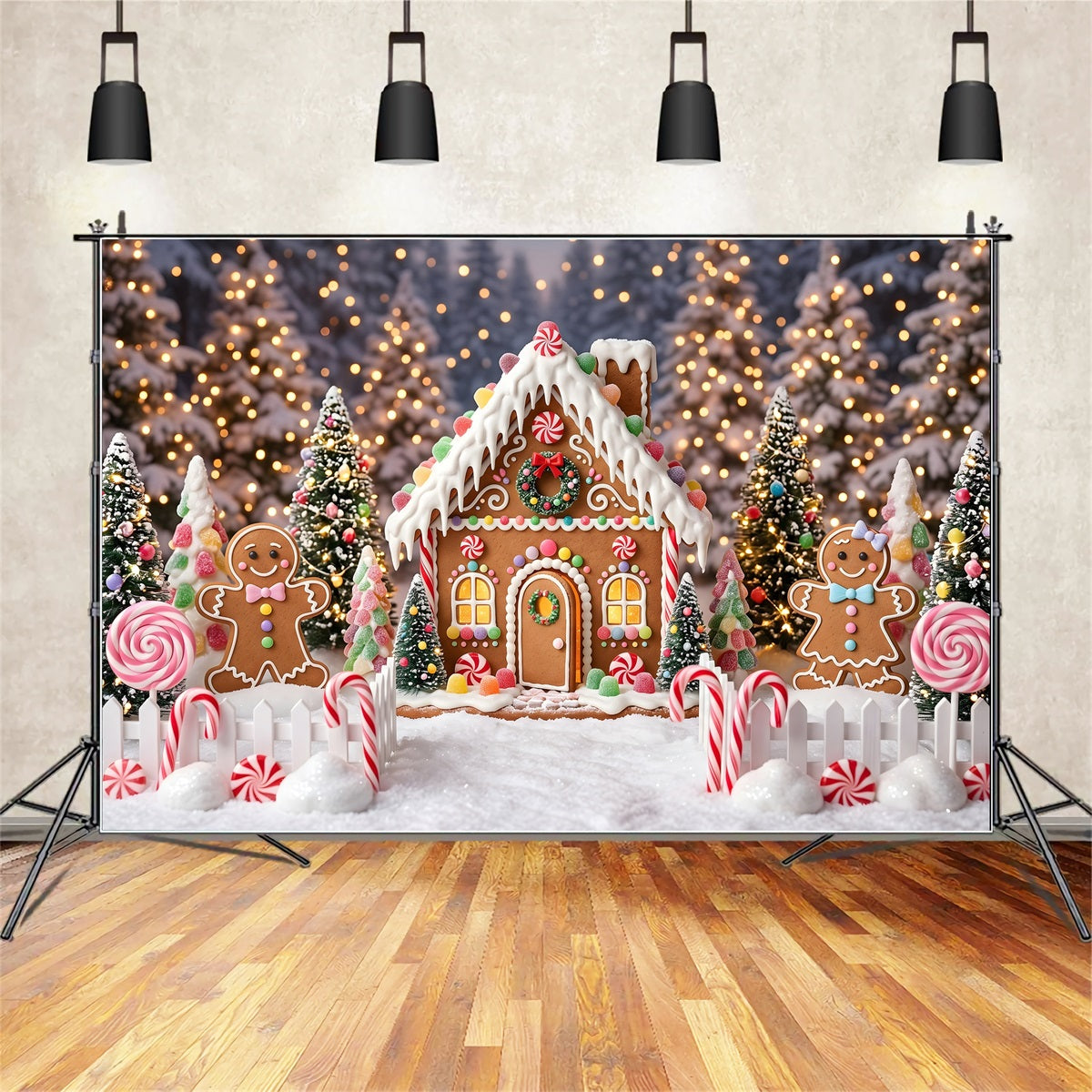 Christmas Backdrop Design Sweet Gingerbread Candy Forest Cottage Christmas Photoshoot Backdrop UK CEM65-106