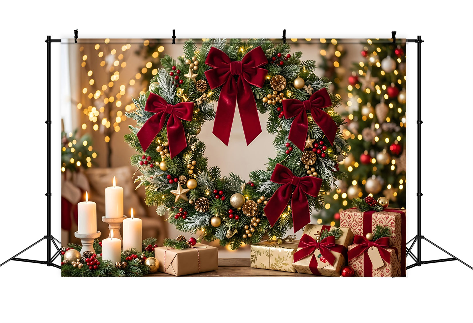 Christmas Backdrop For Photography Velvet Bow Wreath Candle Christmas Backdrop UK CEM65-110