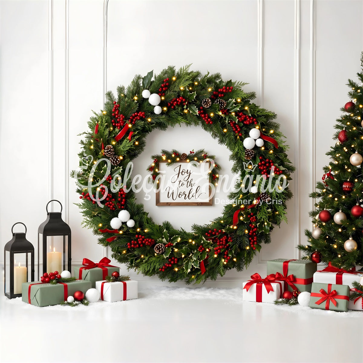Christmas Wall Backdrop Holly Berry Wreath Lantern Gifts Photography Christmas Backdrop UK CEM65-111