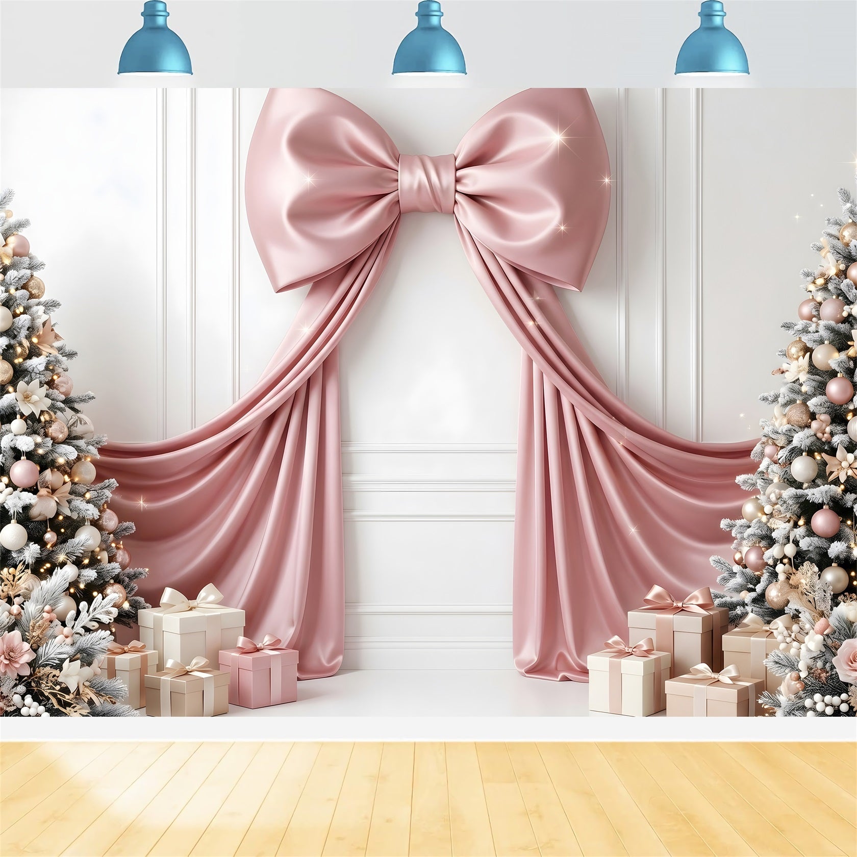 Christmas Backdrop For Wall Pink Satin Bow Gift Trees Backdrop Christmas Photo Booth UK CEM65-114