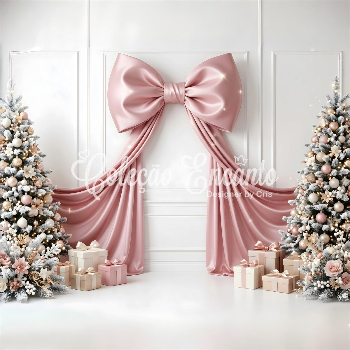 Christmas Backdrop For Wall Pink Satin Bow Gift Trees Backdrop Christmas Photo Booth UK CEM65-114