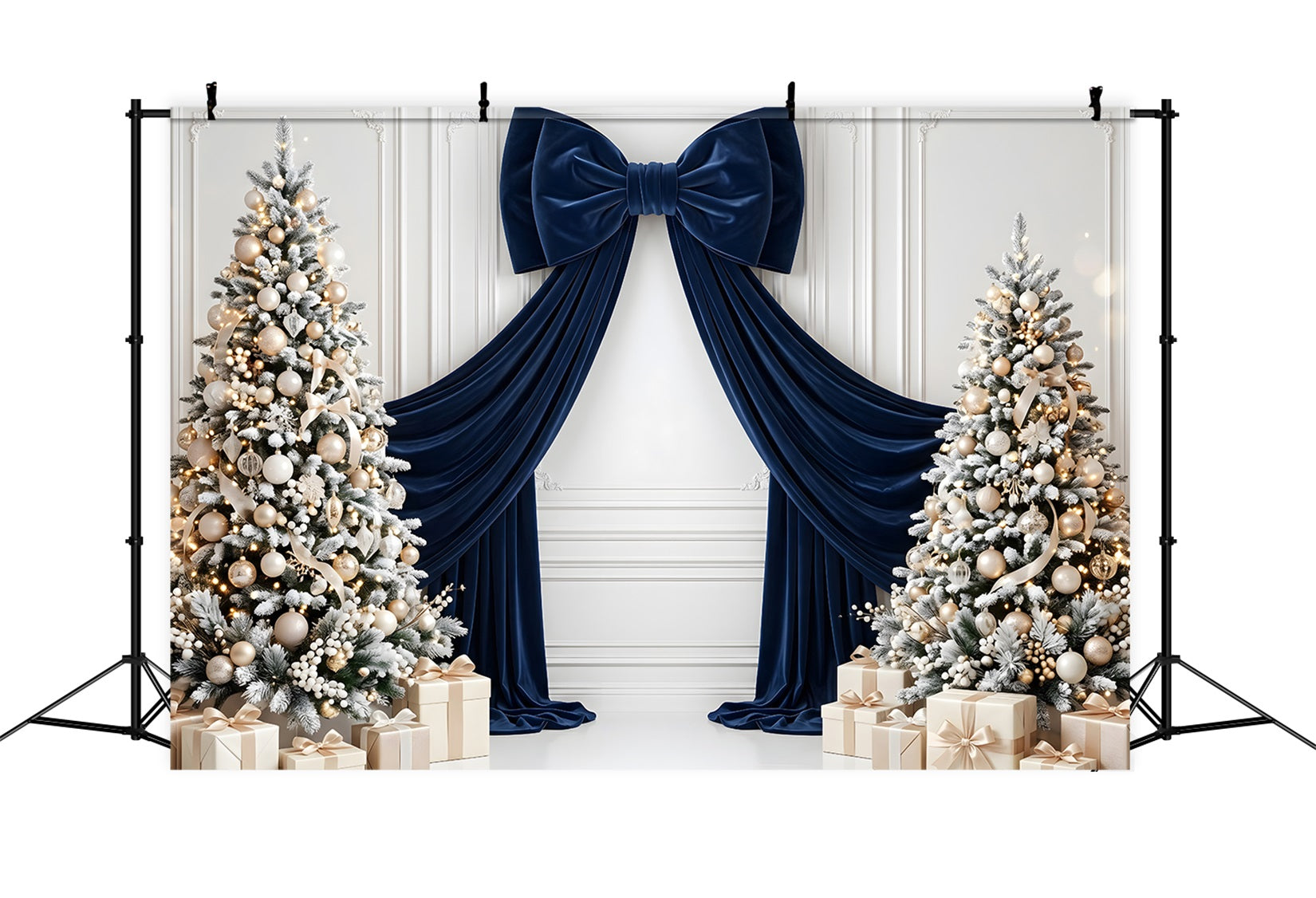 Christmas Themed Backdrops Navy Velvet Bow Frosted Trees Christmas Studio Backdrop UK CEM65-115