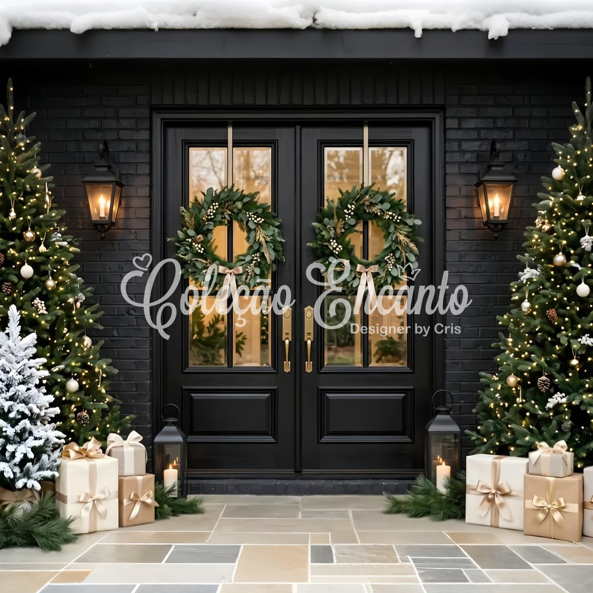 Black Christmas Backdrop Black Door Twin Wreath Porch Christmas Backdrop UK CEM65-120