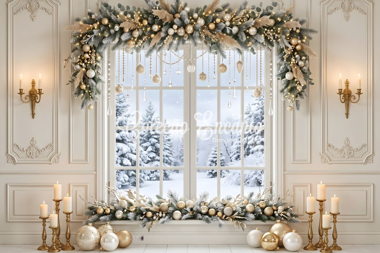 Large Christmas Backdrop Golden Crystal Winter Window Garland Christmas Backdrops UK CEM65-121