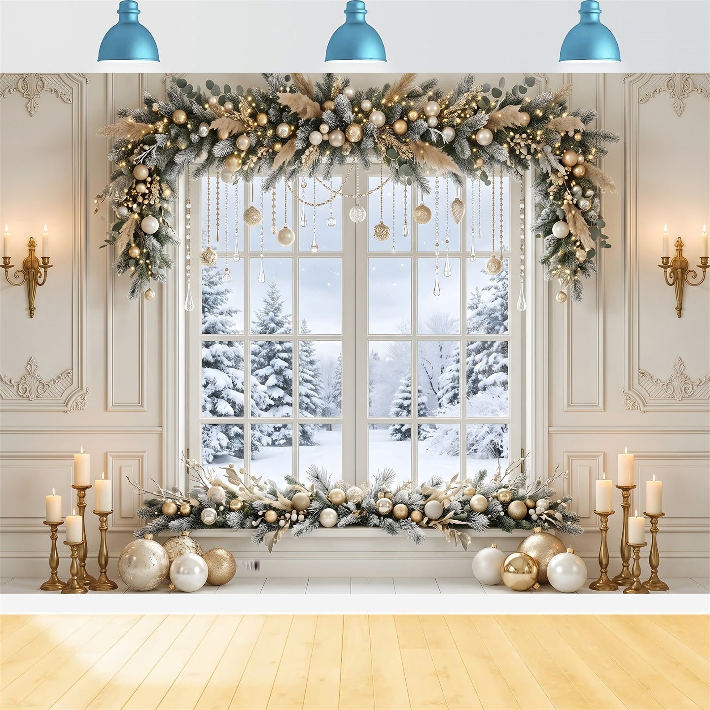Large Christmas Backdrop Golden Crystal Winter Window Garland Christmas Backdrops UK CEM65-121