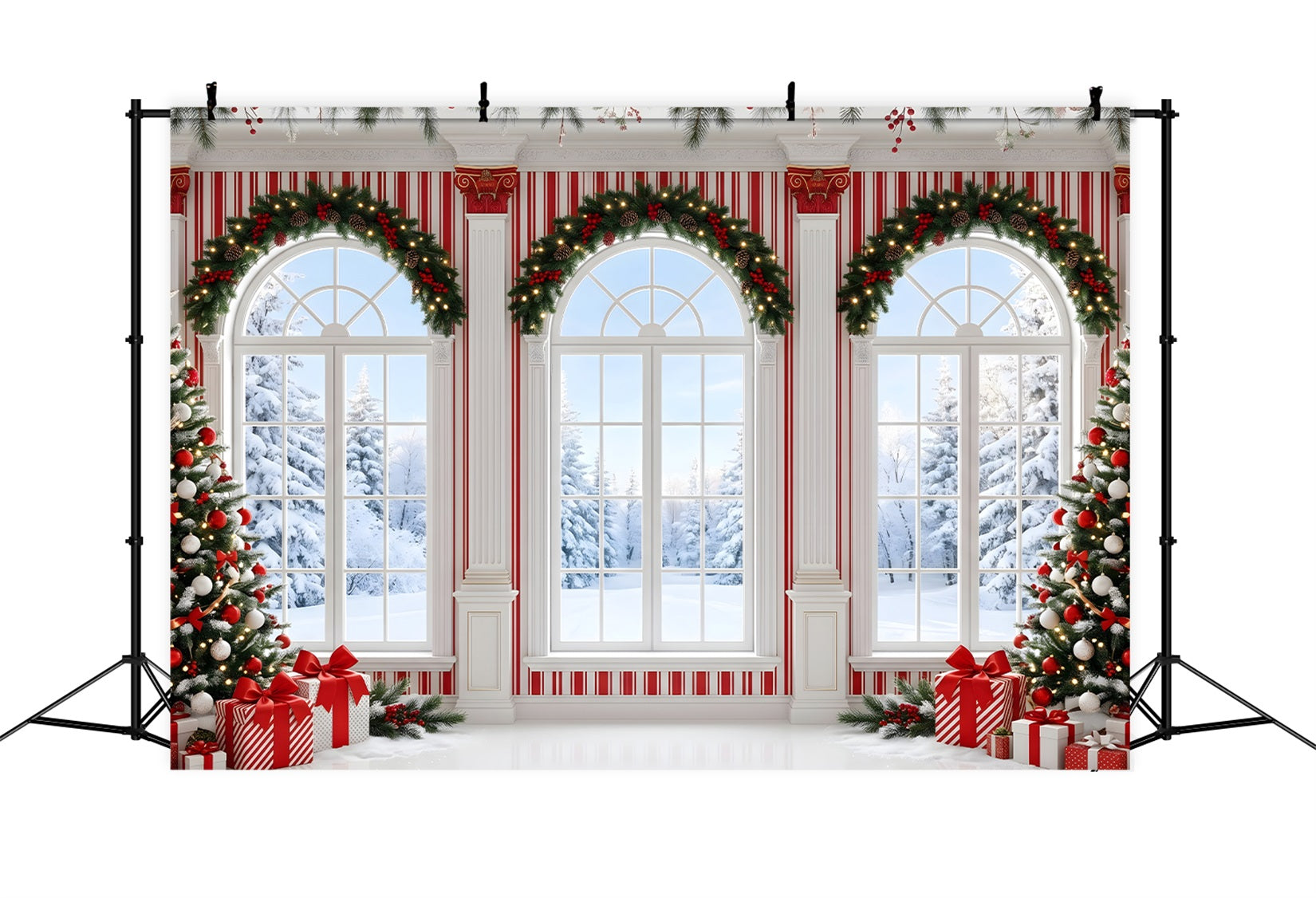 Christmas Photoshoot Backdrop Candy Stripe Winter Window Hall Christmas Backdrop For Photos UK CEM65-123