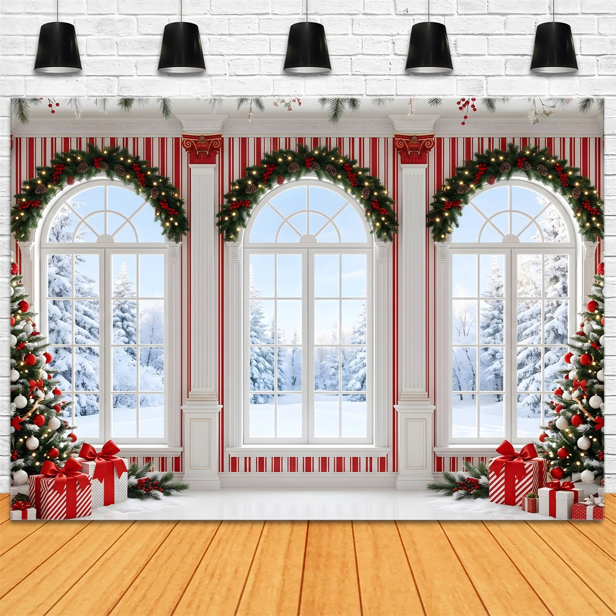 Christmas Photoshoot Backdrop Candy Stripe Winter Window Hall Christmas Backdrop For Photos UK CEM65-123