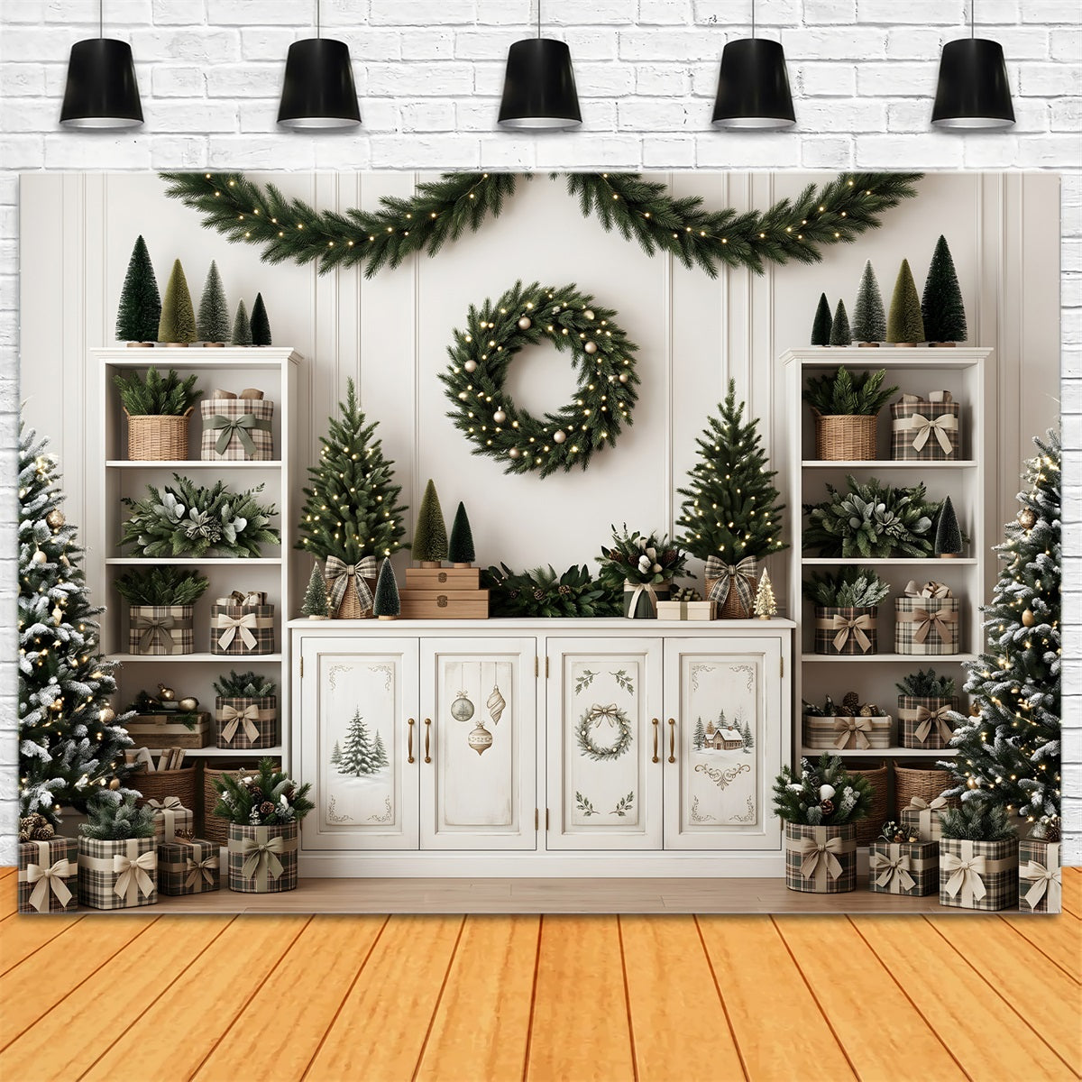 Christmas Backdrop For Pictures Neutral Shelf Wreath Mini Trees Christmas Backdrop Ideas UK CEM65-124