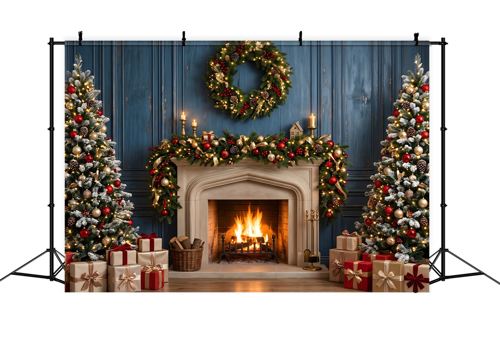Blue Christmas Backdrop Blue Fireplace Wreath Christmas Trees Christmas Photo Backdrops UK CEM65-125