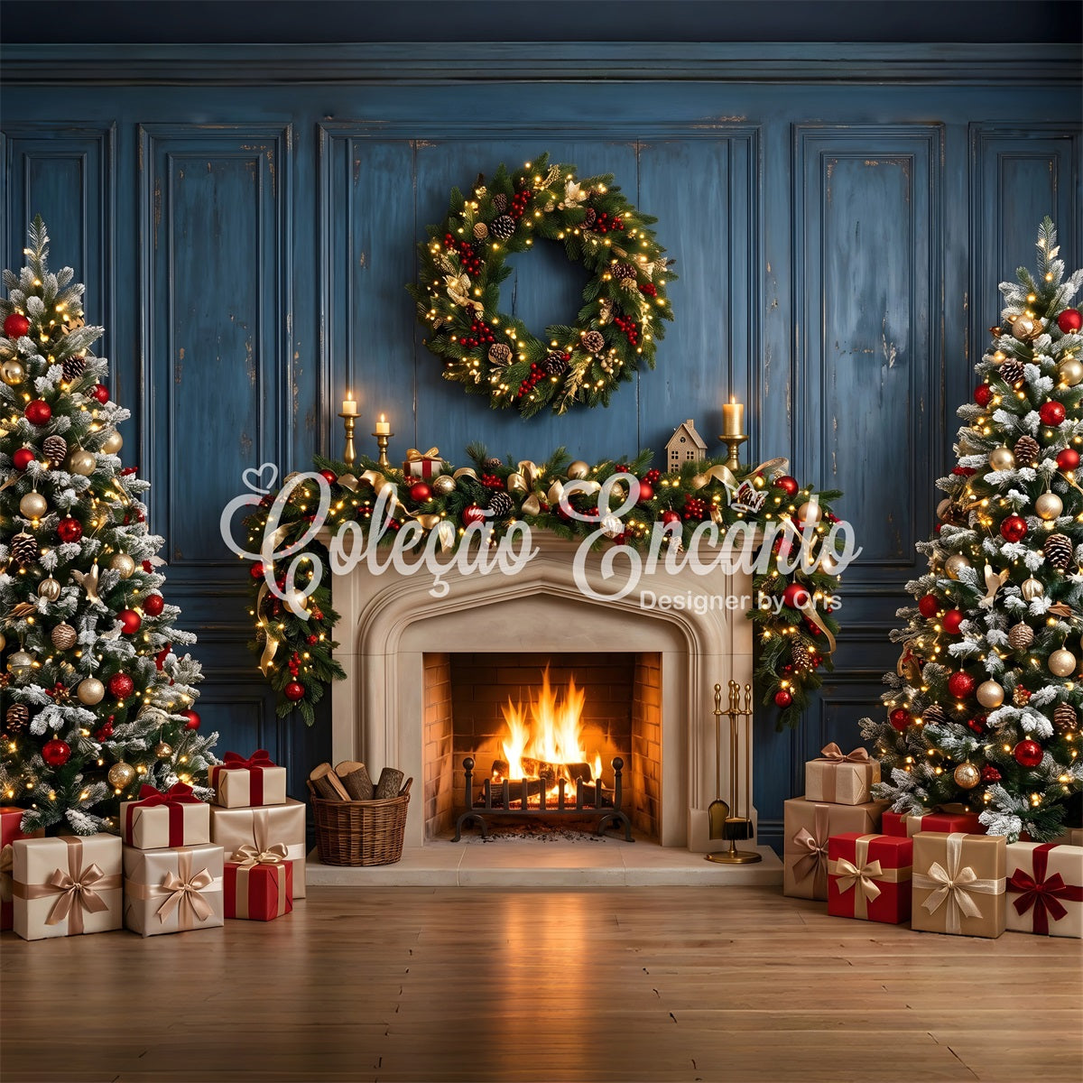 Blue Christmas Backdrop Blue Fireplace Wreath Christmas Trees Christmas Photo Backdrops UK CEM65-125