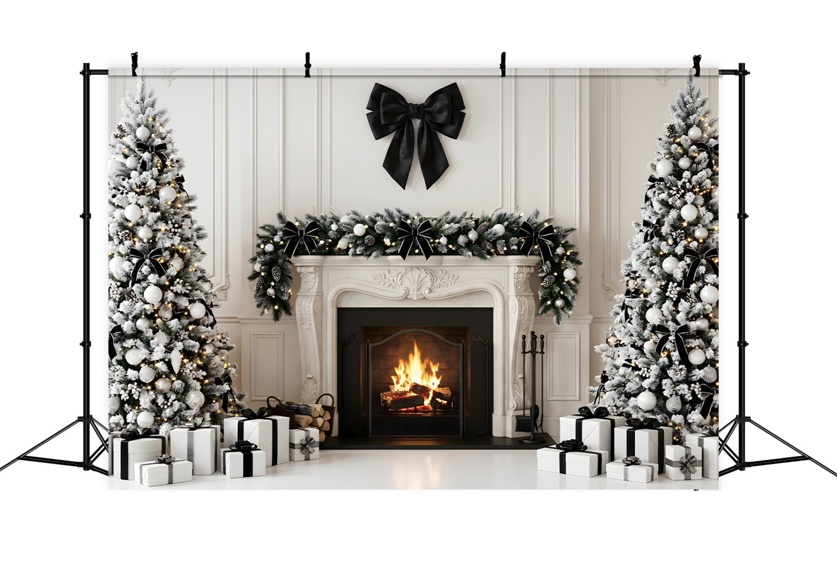 Christmas Party Photo Backdrop Black Bow Fireplace Trees Christmas Backdrops For Photography UK CEM65-127