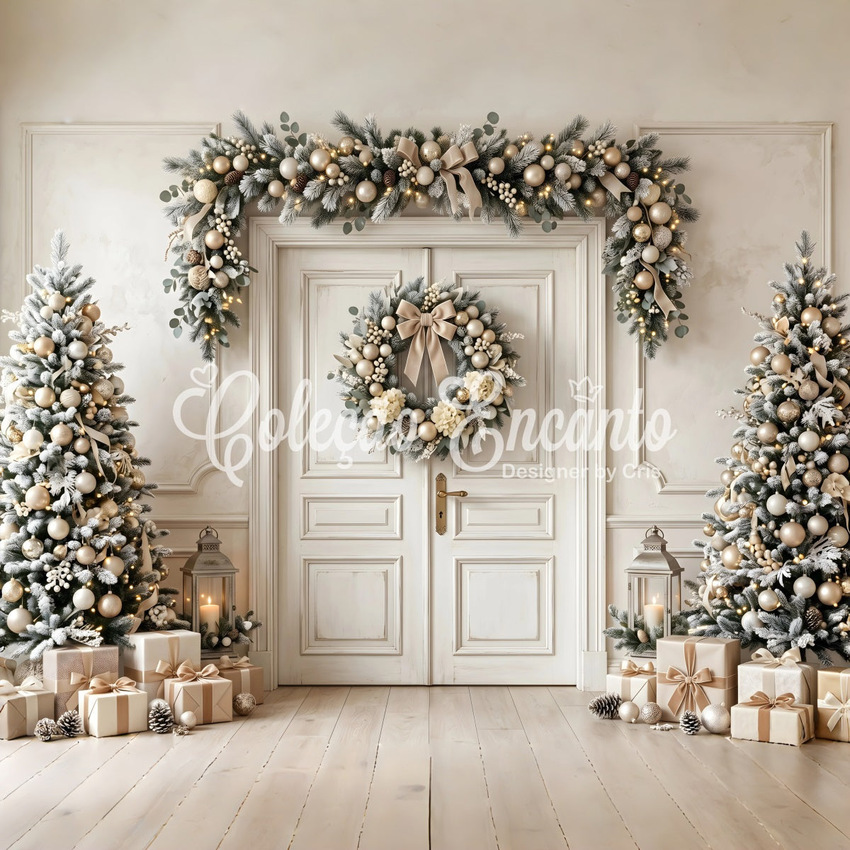 Beautiful Christmas Backdrops Ivory Gold Door Wreath Trees Christmas Photography Backdrops UK CEM65-130