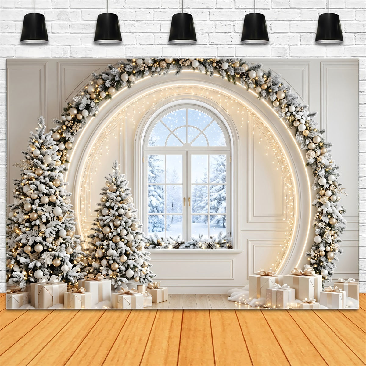 Christmas Tree Backdrops Ivory Gold Window Arch Trees Christmas Photo Backdrop Ideas UK CEM65-133