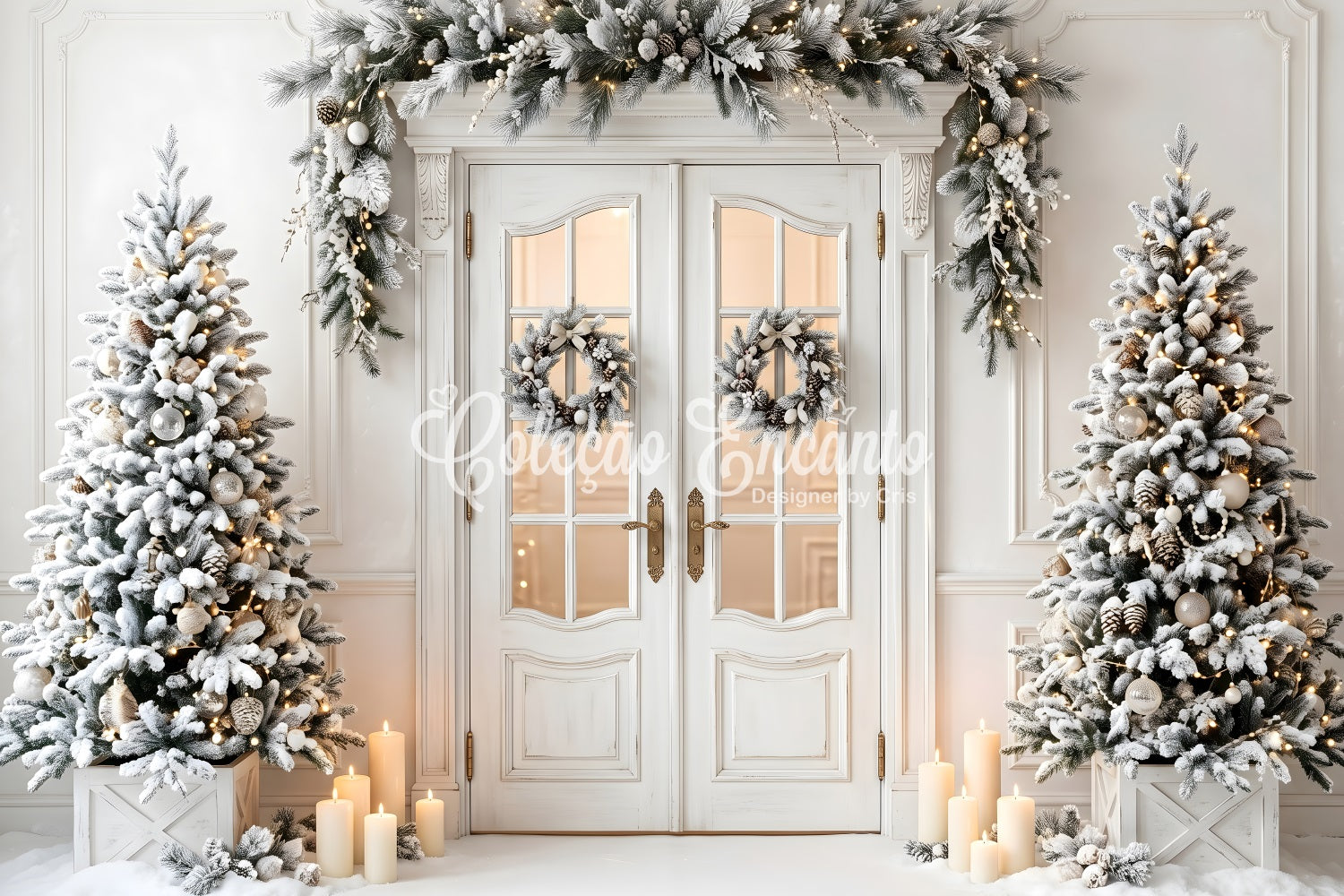Christmas Backdrop Frosted White Door Wreath Trees Christmas Photo Booth Backdrop UK CEM65-134