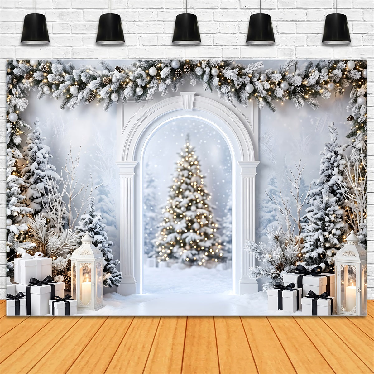 Christmas Studio Backdrop Snowy White Arch Lantern Gifts Photo Backdrop Christmas UK CEM65-135