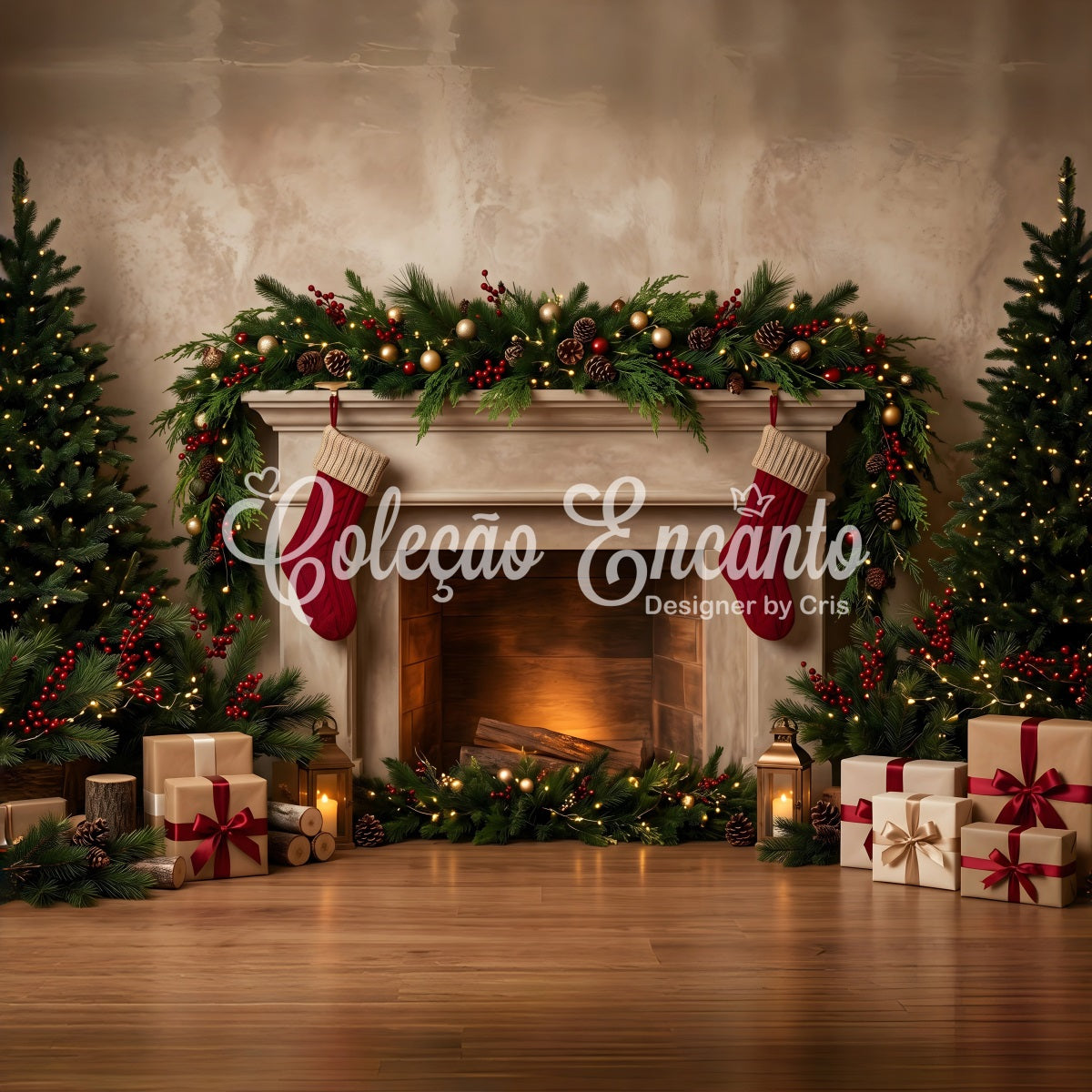 Christmas Fireplace Backdrop Cozy Stockings Garland Gifts Christmas Backdrop For Pictures UK CEM65-141