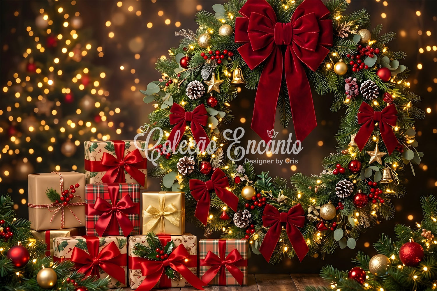 Photography Christmas Backdrop Red Bow Wreath Festive Gifts Christmas Backdrops For Pictures UK CEM65-143