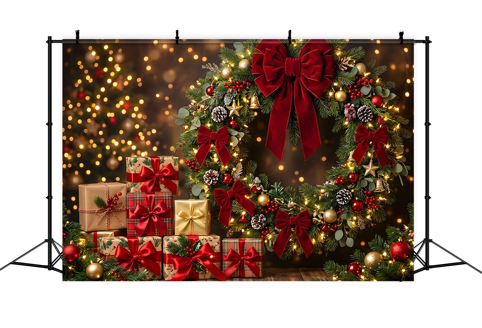 Photography Christmas Backdrop Red Bow Wreath Festive Gifts Christmas Backdrops For Pictures UK CEM65-143