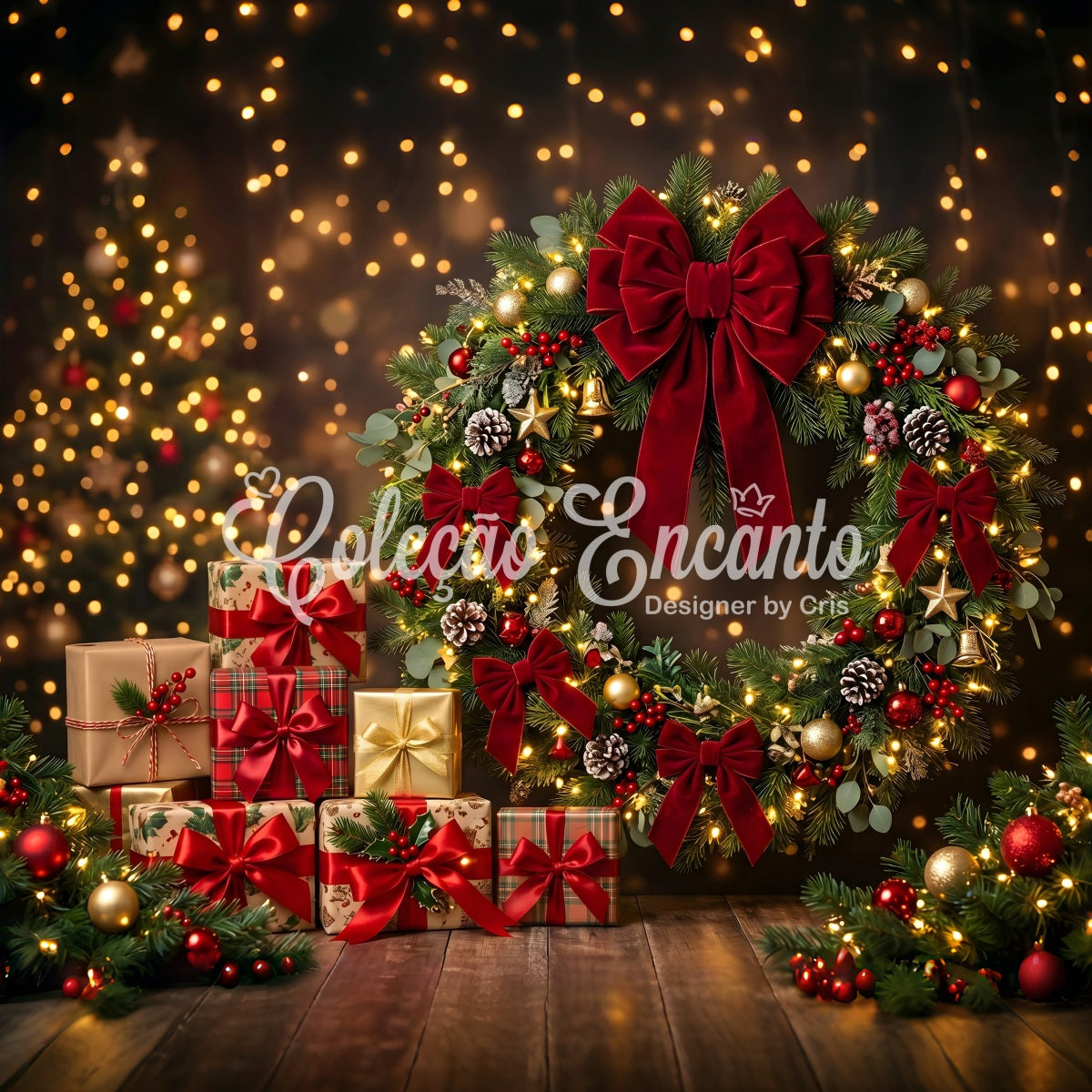 Photography Christmas Backdrop Red Bow Wreath Festive Gifts Christmas Backdrops For Pictures UK CEM65-143