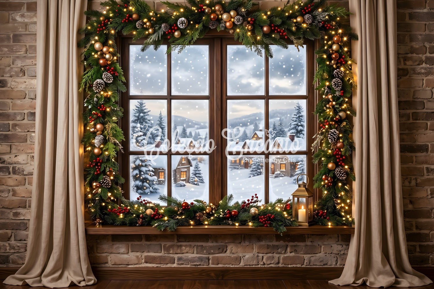 Christmas Snow Backdrop Snowy Village Window Garland Lantern Studio Backdrops Christmas Backdrop UK CEM65-144