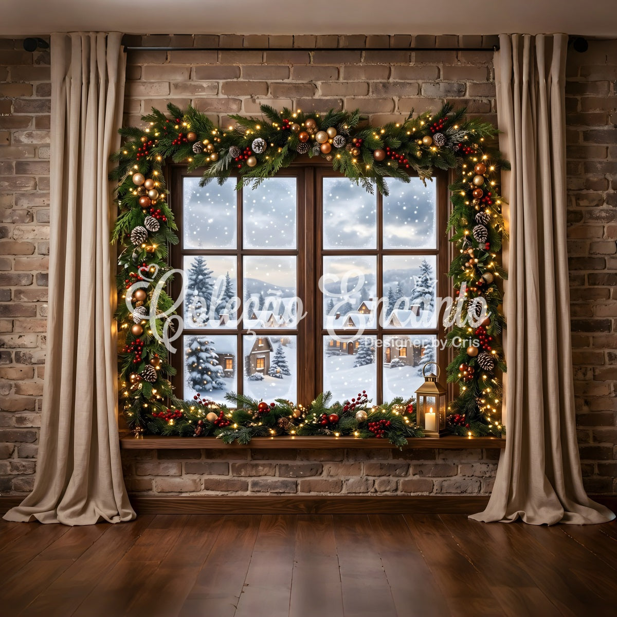 Christmas Snow Backdrop Snowy Village Window Garland Lantern Studio Backdrops Christmas Backdrop UK CEM65-144