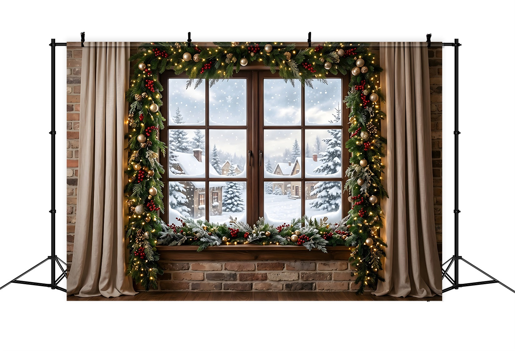 Christmas Window Backdrop Snowy Village Window Garland Curtains Christmas Photobooth Backdrop UK CEM65-146