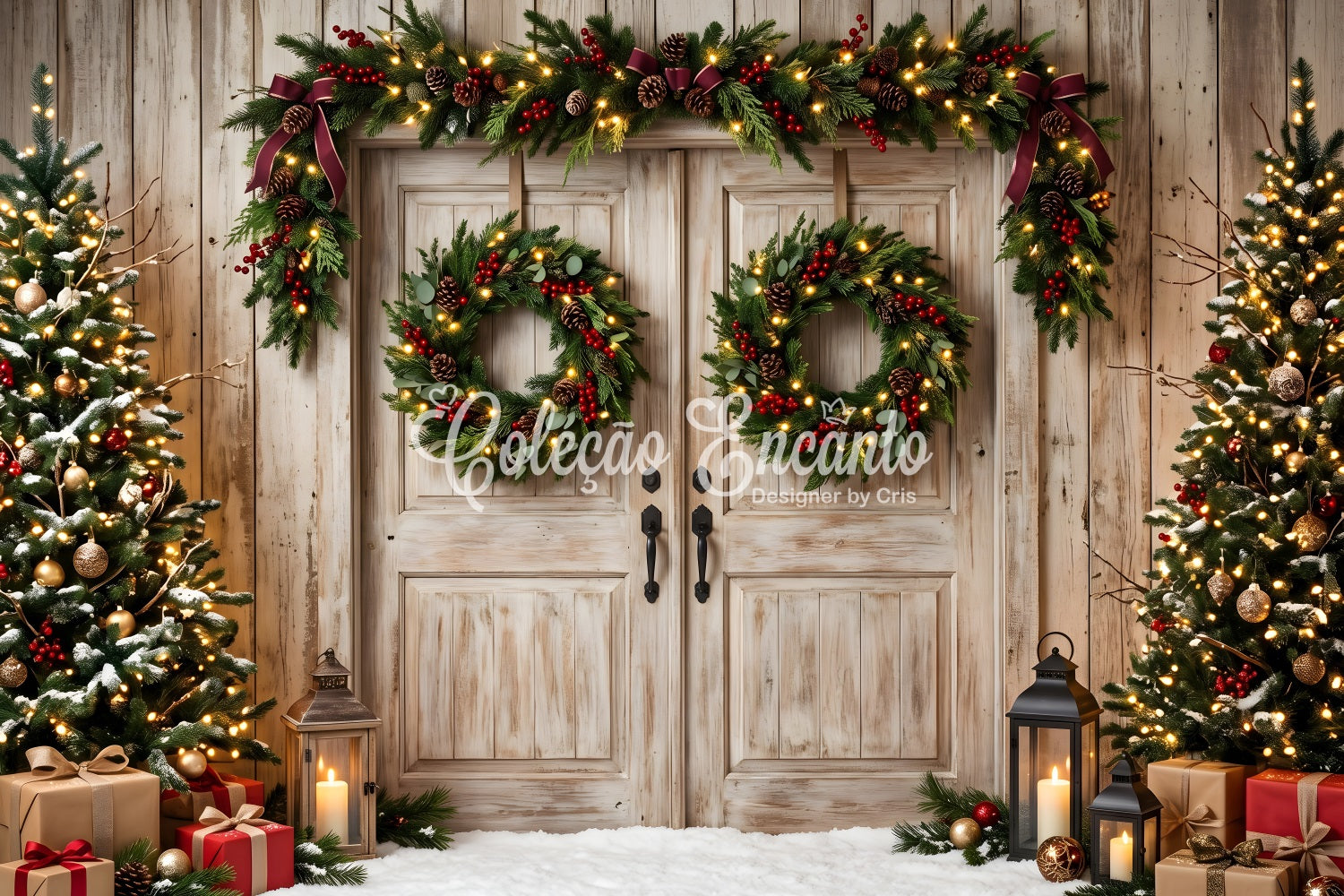 Rustic Christmas Backdrop Rustic Double Doors Wreath Trees Christmas Backdrop For Photoshoot UK CEM65-147