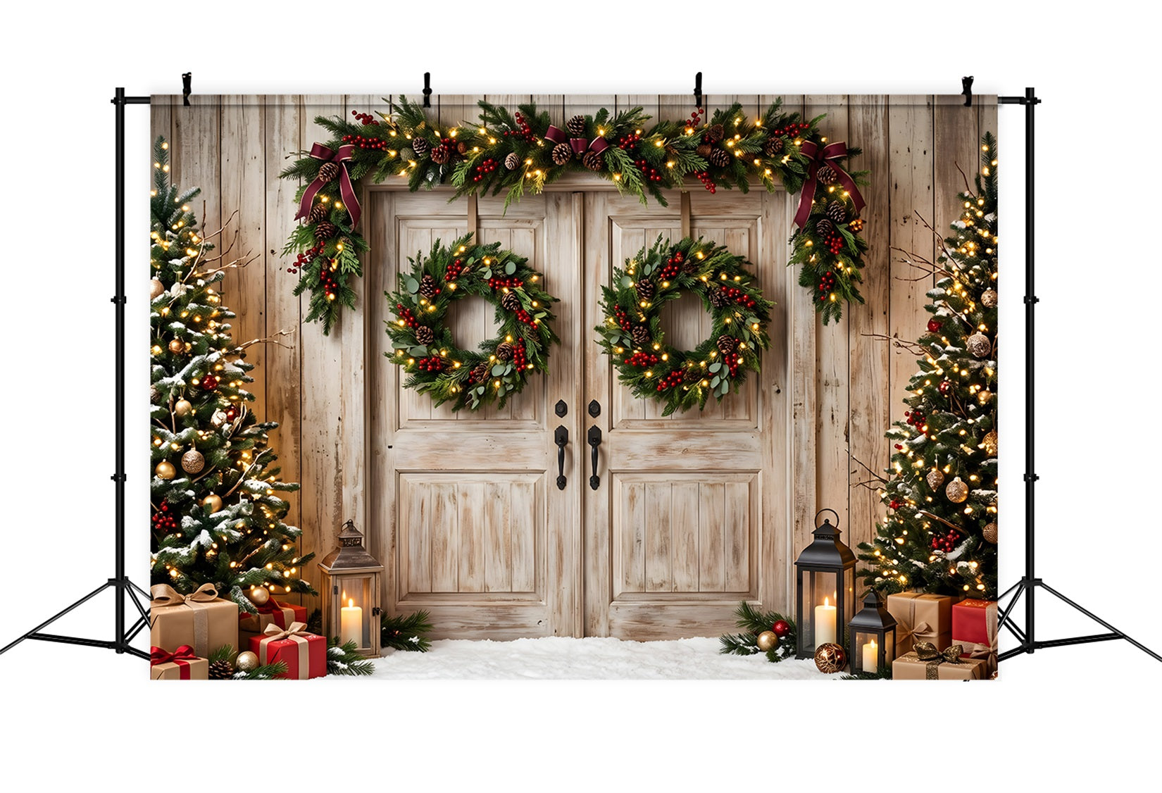 Rustic Christmas Backdrop Rustic Double Doors Wreath Trees Christmas Backdrop For Photoshoot UK CEM65-147