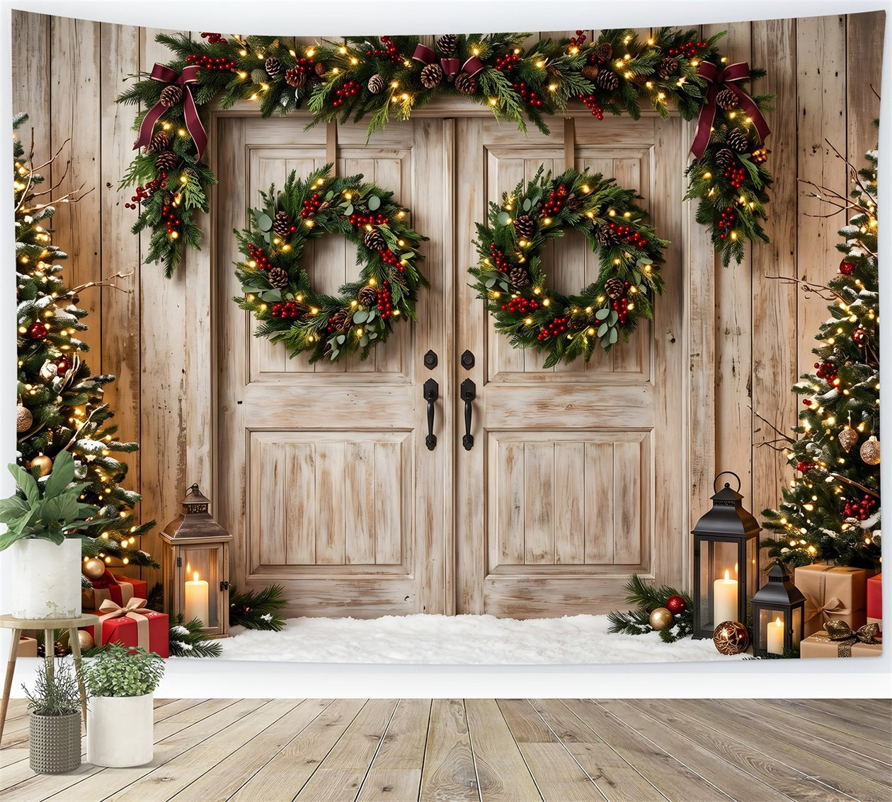 Rustic Christmas Backdrop Rustic Double Doors Wreath Trees Christmas Backdrop For Photoshoot UK CEM65-147
