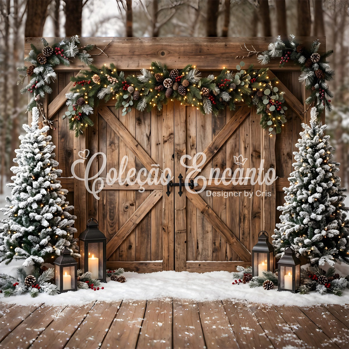 Winter Christmas Backdrop Rustic Barn Gate Garland Lanterns Christmas Backdrop Photoshoot UK CEM65-150