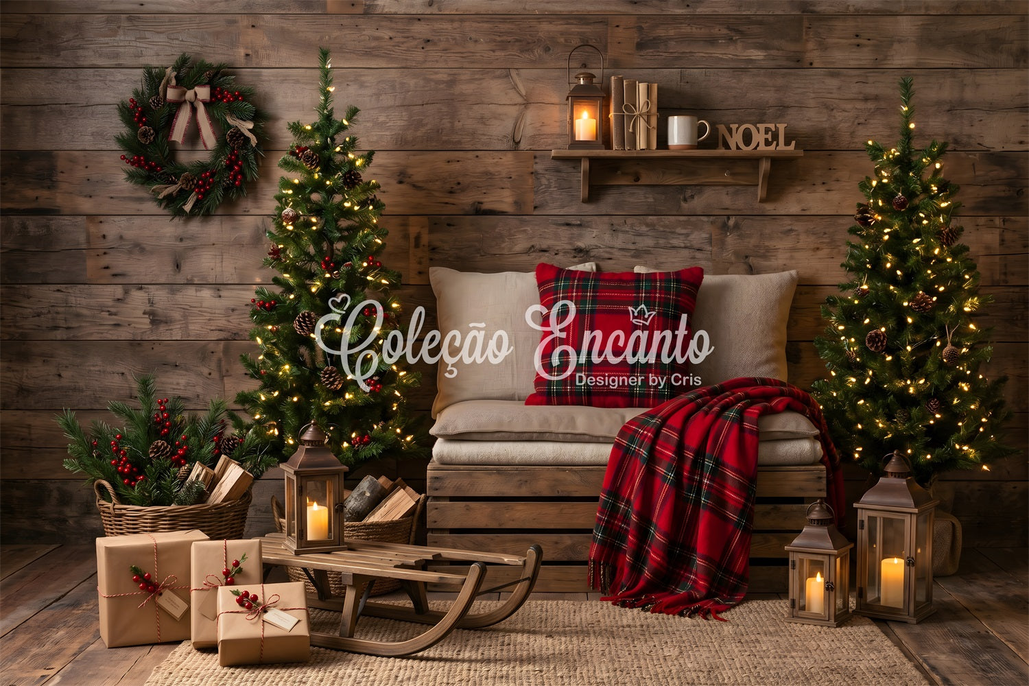Simple Christmas Backdrop Cozy Plaid Cabin Sled Corner Best Christmas Photo Backdrops UK CEM65-151
